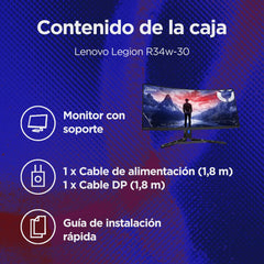Lenovo Legion R34w-30-34 inch gebogen gaming monitor met Eyesafe (WQHD, VA, 180Hz, 0,5ms, HDMI+DP, kabel DP, AMD FreeSync, luidsprekers) kantelinstelling - zwart