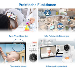 Vtech VM818 HD babymonitor – video-babyfoon met groothoekcamera – HD-video, helder geluid, 5 inch lcd-kleurenscherm en nachtzichtfunctie – met intercomfunctie, slaapliedjes en geluiden