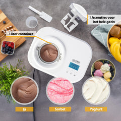TZS First Austria IJsmachine & yoghurtmaker, zelfkoelend met compressor en uitneembare 1 liter ijshouder, yoghurtmachine voor thuis, incl. maatbeker en spatel