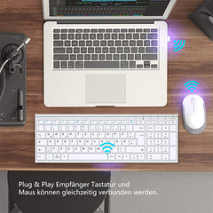 iClever Draadloos toetsenbord, muisset, oplaadbaar draadloos toetsenbord en muis, QWERTZ-lay-out (Duits), ultra dun voor computer/desktop/pc/laptop/Windows 10/8/7, wit en zilver