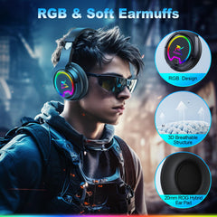 Krysenix PG4 RGB Draadloze Gaming Headset voor PS4, PS5, PC - 2,4 GHz 7.1 Surround Sound, Bluetooth Gaming Hoofdtelefoon met AI Afneembare Ruisonderdrukkende Microfoon, 48 uur Batterij voor Laptop,