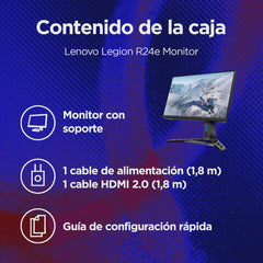 Lenovo Legion R24e Gaming Monitor 23,8 inch (FHD, IPS, 180 Hz, 0,5 ms, HDMI + DP, HDMI-kabel, AMD FreeSync) kantelinstelling, zwart