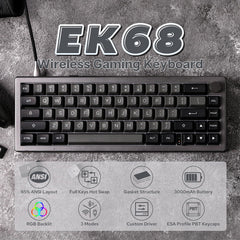 EPOMAKER EK68 65% Pakking NKRO Hot Swappable Drievoudige Modus Mechanische Gaming Toetsenbord met Knop, Zuid-gerichte LED, RGB Achtergrondverlichting voor Win/Mac (Zwart Zilver, Flamingo Switch)