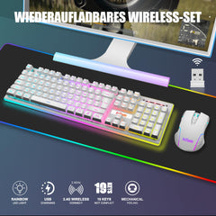 RedThunder K10 Wireless Gaming Toetsenbord en Muis Set, QWERTZ DE-Layout LED-achtergrondverlichting, 3000mA batterijcapaciteit en 3200 DPI voor gamers (wit)