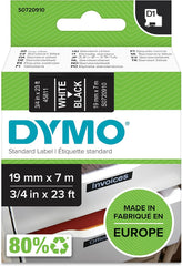 DYMO D1 zelfklevende labels, Witte Tekst op Zwart Label, 19 mm x 7 m