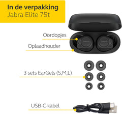 Jabra Elite 75t Oordopjes – Ondersteunt Draadloos Laden – Bluetooth Oordopjes met Actieve Ruisonderdrukking en Lange Batterijduur, voor Echt Draadloos Bellen en Muziek Luisteren – Zwart