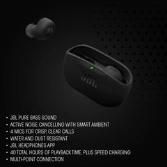 JBL Vibe Buds 2 - True Wireless Noise Cancelling oordopjes Pure Bass Sound & Smart Ambient Technology, 4 microfoons voor scherpe, heldere gesprekken, tot 40 uur afspelen, IP54 stof- en waterbestendig