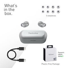 Technics EAH-AZ40M2ES Draadloze oordopjes met ruisonderdrukking, multipoint Bluetooth, comfortabele in-ear oortelefoons, aanpasbare pasvorm, tot 5,5 uur speeltijd, zilver