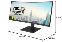 ASUS Business VA34VCPSR gebogen monitor 34 inch, Wide QHD (3440 x 1440), HDMI, DisplayPort, USB-hub, RJ45-LAN-aansluiting, ergonomisch design, flikkervrij, laag blauw licht, zwart