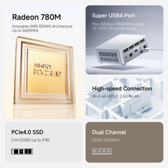 MINISFORUM UM870 Slim mini-pc, AMD Ryzen 7 8745H desktopcomputer (8C/16T, tot 4,9 GHz), DP/HDMI 2.1/USB4, 4 x USB Type A, WIFI6E/BT5.3, geen RAM/SSD