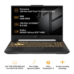 ASUS TUF F15 FX507ZV4, Gaming-notebook, 39,6 cm (15,6 inch), anti-glare, 144 Hz, Intel Core 12ma Gen i7-12700H, RAM 16GB, 1TB SSD PCIE, grafische NVIDIA GeForce RTX 4060 8 GB GDDR6, Windows 11 Home,