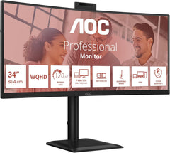 AOC CU34E4CW 34" UW-QHD-monitor gebogen, 120Hz, VA-paneel, 4ms GtG, HDR-gereed/HDR10, hoogteaanpassing, webcam, luidsprekers, (3440x1440 HDMI 2x 2.1 TMDS DP 1x 1.4 USB-hub) zwart