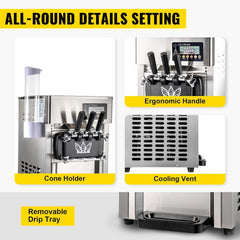 Commerciële ijsmachine, 18 l/u, 3 smaken, 1200 W, Italiaanse ijsmachine, trechter, lcd-paneel, voorkoeling automatische reiniging, voor yoghurt, koffie, snackbar, restaurant
