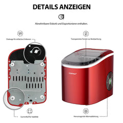 COSTWAY IJsblokjesmachine, 2,2 liter, 12 kg/24 uur, ijsmaker, 9 ijsblokjes in 6-13 min, elektrische ijsblokjesmachine met mand, schep, 2 ijsmaten (rood)