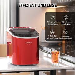COSTWAY IJsblokjesmachine, 2,2 liter, 12 kg/24 uur, ijsmaker, 9 ijsblokjes in 6-13 min, elektrische ijsblokjesmachine met mand, schep, 2 ijsmaten (rood)