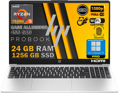 HP Probook 455 G10 Notebook, zilver van aluminium, RAM 24 GB, SSD 1256 GB, SSD, 15,6 inch, Full HD-display 15,6 inch, CPU Amd Ryzen 5 7530U met 4,6 GHz, vingerprint, Win11 Pro, wifi-muis