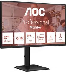 AOC Q27E4CV 27 inch QHD-monitor, 120 Hz, IPS, MPRT 4 ms, adaptieve synchronisatie, HDR-modus, luidsprekerinstelling, luidspreker (2560 x 1440, HDMI 1x 2.0, DP 1x 1.4, USB-hub) zwart