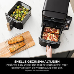 Ninja Double Stack XL Airfryer, Verticale Friteuse met Dubbele Lades en 4 Bereidingsniveaus, 2 Lades, 2 Rekken, Ruimtebesparend Ontwerp, 9,5 Liter Inhoud, 6 Functies, 8 Porties, Tang, SL400EUCP