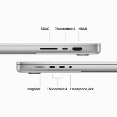 Apple 2023 MacBook Pro-laptop met M3 Pro-chip, met 12‑core CPU, 18‑core GPU: 16,2‑inch Liquid Retina XDR-display, 18 GB centraal geheugen, 512 GB SSD-opslag. Werkt met iPhone/iPad; Zilver