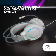 MARSGAMING MH124, Gaming Headset FRGB Rainbow, Ergonomisch Ontwerp, Flexibele Microfoon, Volumeregeling, Gaming Koptelefoon, Windows, Linux, Mac, PS4, PS5, Xbox One, Xbox Series X|S, Switch, Wit