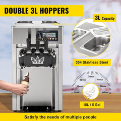 Commerciële ijsmachine, 18 l/u, 3 smaken, 1200 W, Italiaanse ijsmachine, trechter, lcd-paneel, voorkoeling automatische reiniging, voor yoghurt, koffie, snackbar, restaurant