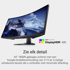 Dell S3422DWG 34" WQHD (3440x1440) 21:9 1800R Gebogen Gaming Monitor, 144Hz, VA, 1ms MPRT, AMD FreeSync Premium Pro, HDR 400, DisplayPort, 2x HDMI, 5x USB, 3 Jaar Garantie