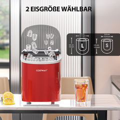 COSTWAY IJsblokjesmachine, 2,2 liter, 12 kg/24 uur, ijsmaker, 9 ijsblokjes in 6-13 min, elektrische ijsblokjesmachine met mand, schep, 2 ijsmaten (rood)