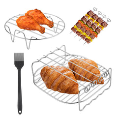 2 stuks heteluchtfriteuse-accessoires, roestvrij staal, gelaagd grillrooster en stoomerk, set voor dubbele mand, Air Fryer-accessoires, dehydratorrek met 4 grillstokjes + 1 olieborstel