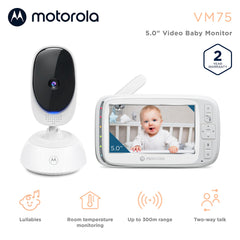 Motorola VM75 VM75 Video-babyfoon met camera, bereik van 300 m, 2,4 GHz draadloos 5-inch scherm, twee-weg audio, afstandsbediening pan, digitale kanteling, zoom, kamertemperatuursensor, slaapliedjes, nachtzicht