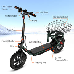 SISIGAD Elektrische Scooter 12 inch Elektrische Steppen Volwassenen Opvouwbare E Scooter met Afneembare Mand, E Roller 36V 7.8AH Batterij 25km/h Maxi Snelheid 300W Motor, Dubbele Rem & Licht