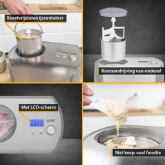 TZS First Austria Ice Maker with Compressor | Self-Cooling Ice Maker with Removable 1.2-Litre Stainless Steel Ice Container and Lid Opening for Ingredients | Home Ice Cream Maker