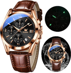OLEVS Herenhorloge Quartz - Bruin Leren Band - Waterdicht & Lichtgevend
