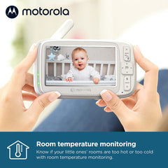 Motorola VM75 VM75 Video-babyfoon met camera, bereik van 300 m, 2,4 GHz draadloos 5-inch scherm, twee-weg audio, afstandsbediening pan, digitale kanteling, zoom, kamertemperatuursensor, slaapliedjes, nachtzicht