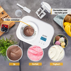 TZS First Austria IJsmachine & yoghurtmaker, zelfkoelend met compressor en uitneembare 1 liter ijshouder, yoghurtmachine voor thuis, incl. maatbeker en spatel